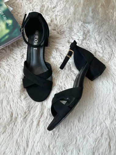 Sandale dama cu toc gros negre piele intoarsa GQ08 N6-3
